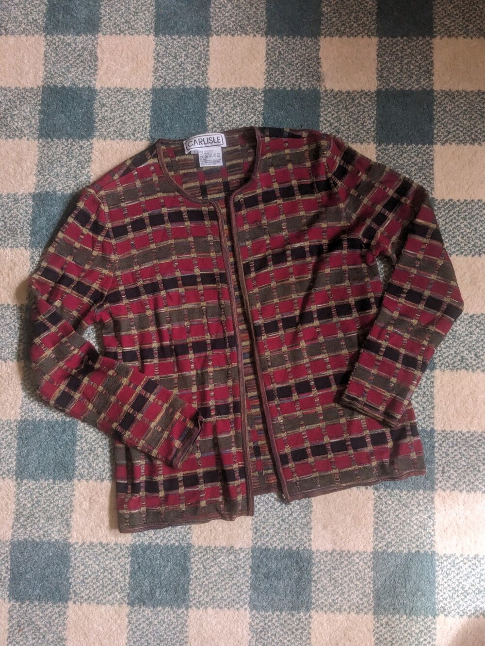 Vintage Carlisle Wool Blend Multicolor Zip Up Cardigan Knit Sweater Size L